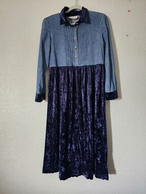 Denim-Look Top with Navy Velvet Skirt Casual Dress